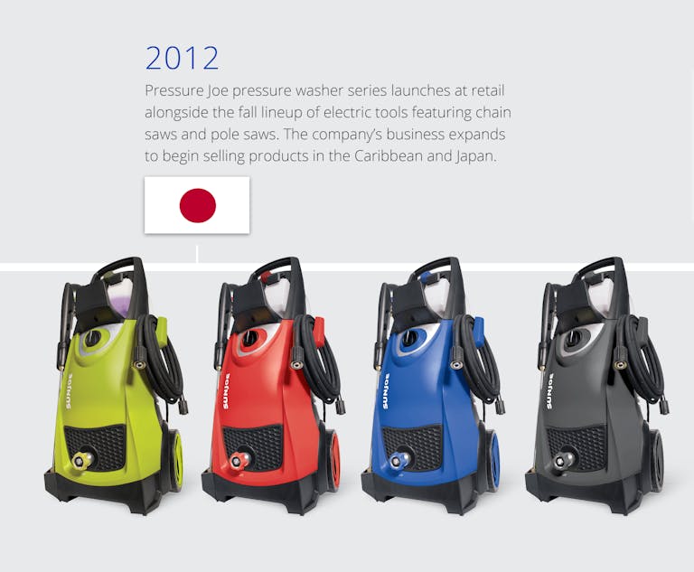 In 2012, pressure washers and fall electric tools were added and began to expand into Japan and the Carribean.