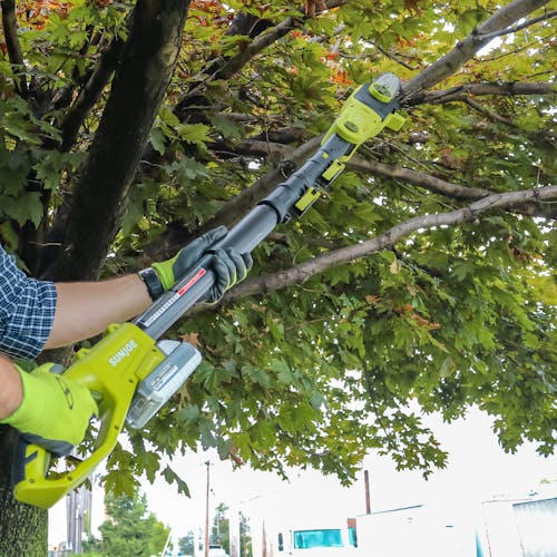Person using the Sun Joe 24-volt cordless telescoping pole 8-inch chainsaw to reach a high branch and saw it off.