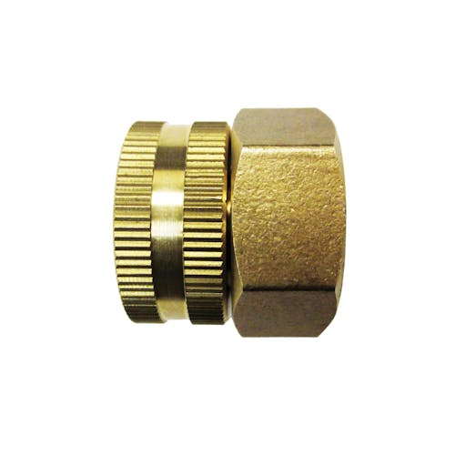 Side view of the Sun Joe Universal Dual Swivel Brass Double Female Connector for pressure washers.