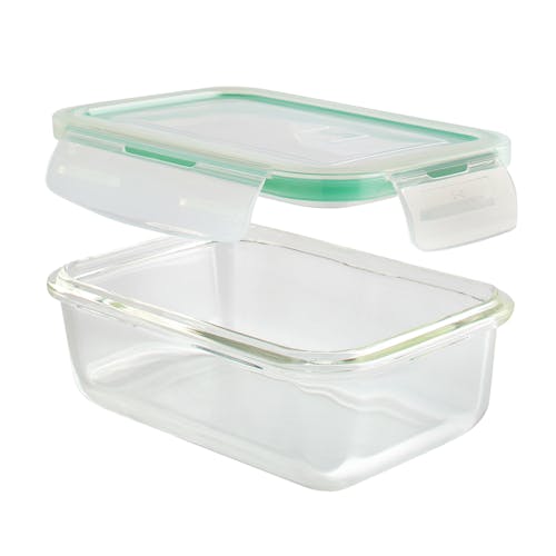 EatNeat square glass storage container with the airtight locking lid above it unlatched.