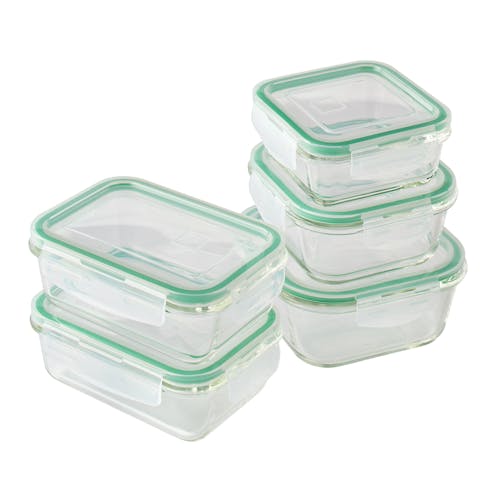 EatNeat 10-piece set of 5 square glass storage bowls with airtight locking lids.