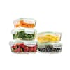 EatNeat 10-piece set of 5 square glass storage bowls with airtight locking lids containing different fruits and vegetables.