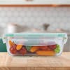 EatNeat square glass storage container with airtight locking lid filled with carrots, tomatoes, and broccoli.