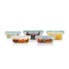 EatNeat 10-piece set of 5 square glass storage bowls with airtight locking lids containing different fruits and candies.