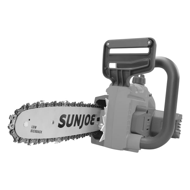 Sun Joe 20-volt 10-inch gray chainsaw.