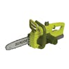 Sun Joe 20-volt 10-inch green chainsaw.