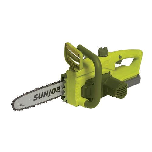 Sun Joe 20-volt 10-inch green chainsaw.