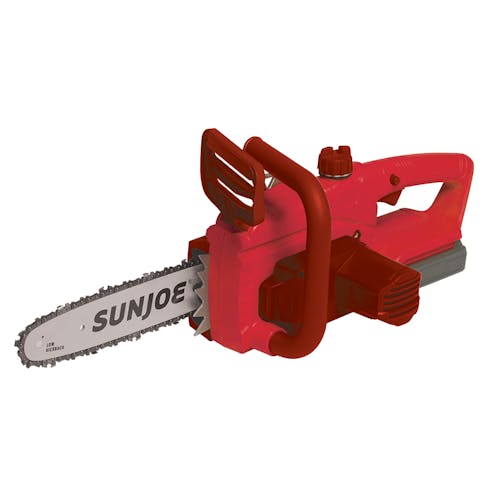 Sun Joe 20-volt 10-inch red chainsaw.
