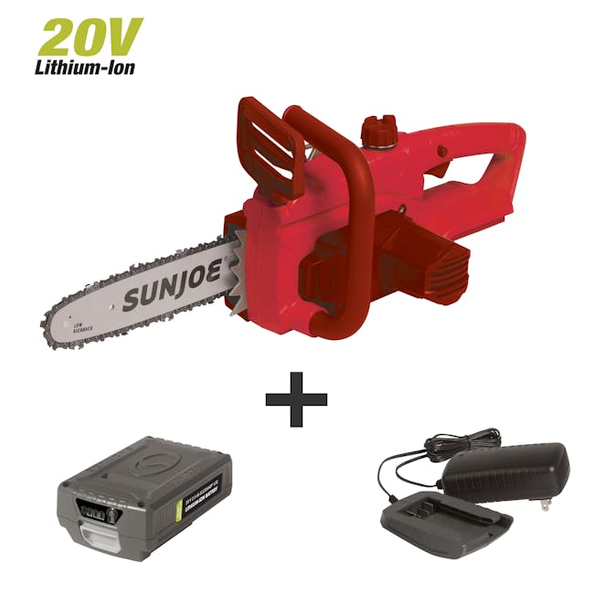 Sun Joe 20-volt 10-inch red chainsaw with battery and charger.
