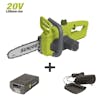 Sun Joe 20-volt 10-inch green chainsaw with battery and a charger.