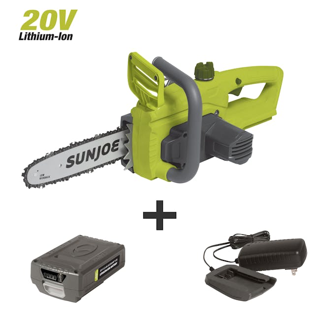 Sun Joe 20-volt 10-inch green chainsaw with battery and a charger.