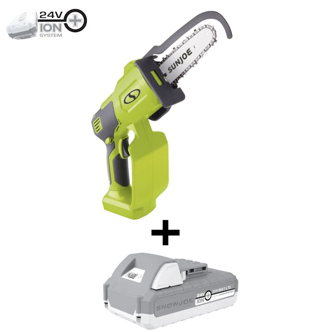 Sun Joe 24-Volt Handheld Chainsaw with a 5-inch chain and a Snow Joe 24-Volt lithium iON+ 2.0-Ah Battery.