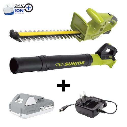 Sun Joe 24-volt cordless turbine leaf blower and 18-inch hedge trimmer plus a 2.0-Ah lithium-ion battery and charger.