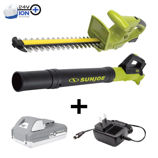 Sun Joe 24-volt cordless turbine leaf blower and 18-inch hedge trimmer plus a 2.0-Ah lithium-ion battery and charger.
