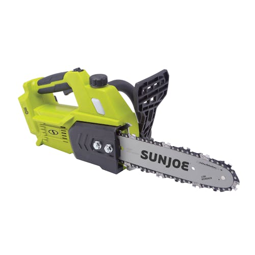 Angled view of the Sun Joe 24-Volt Cordless 10-inch chainsaw with no battery.