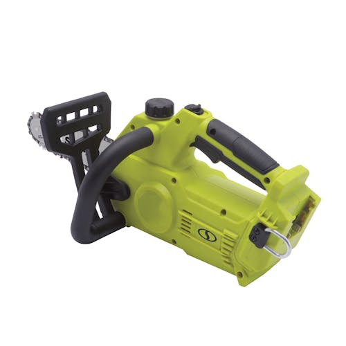 Back-angled view of the Sun Joe 24-Volt Cordless 10-inch chainsaw showing the handle.