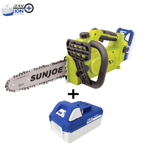 Sun Joe 24-Volt Cordless 10-inch chainsaw plus a 4.0-Ah lithium battery.