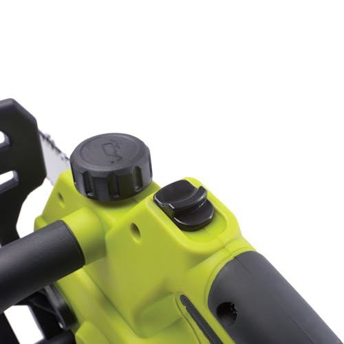 Close-up of the top of the handle on the Sun Joe 24-Volt Cordless 10-inch chainsaw.