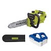 Sun Joe 24-Volt Cordless 10-inch chainsaw with a blade sheath and 4.0-Ah lithium battery.