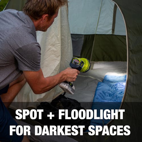 Floodlight being used to illuminate tent