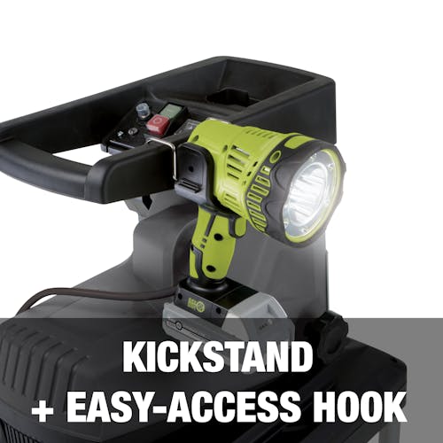 Floodlight mounted onto equipment using kickstand and hook