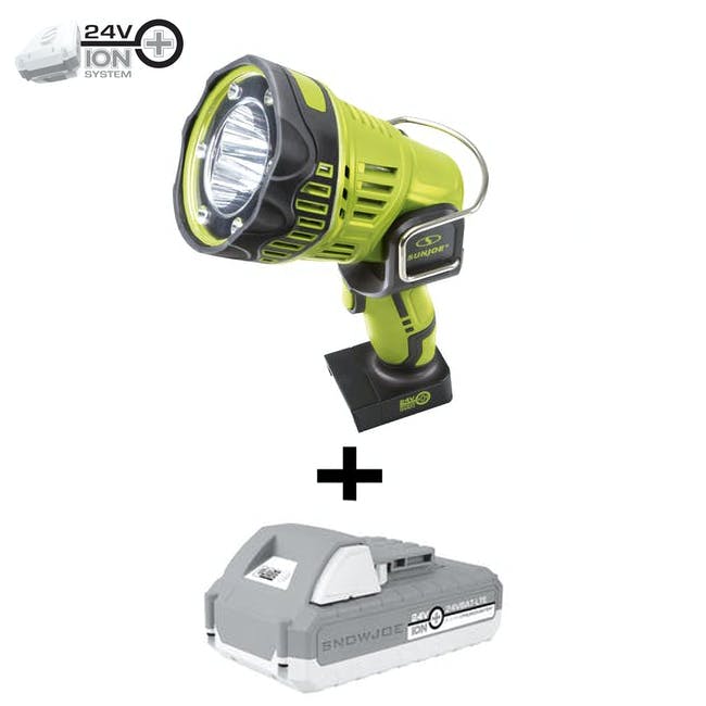 Sun Joe 24-Volt Cordless Flashlight/Flood Light/Spot Light and a Snow Joe 24-Volt Lithium iON+ 2.0AH Battery.