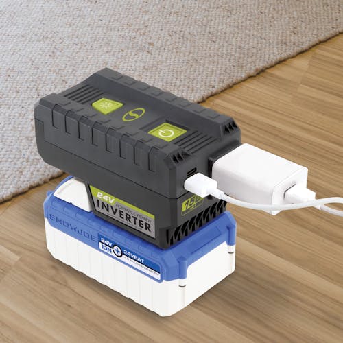 Sun Joe 24-Volt Cordless Portable Powered Inverter with a 4.0-Ah lithium battery attached and chargers plugged in.