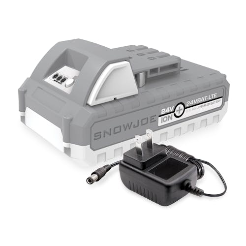 Snow Joe and Sun Joe 24-Volt 2.0-Ah lithium-ion battery with a standard charger.