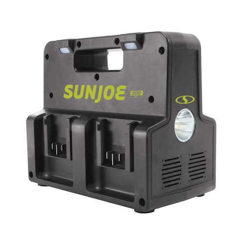 Angled view of the Sun Joe 24-Volt Cordless Hot-Swap Powered Inverter Generator Power Station showing the spotlight on the side.