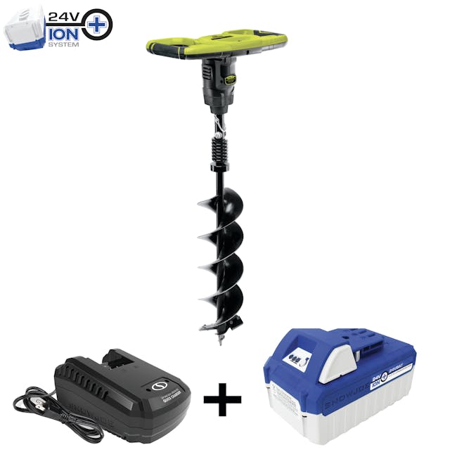 Sun Joe 24-Volt 30-inch Cordless Earth Auger plus a 4.0-Ah lithium-ion battery and quick charger.