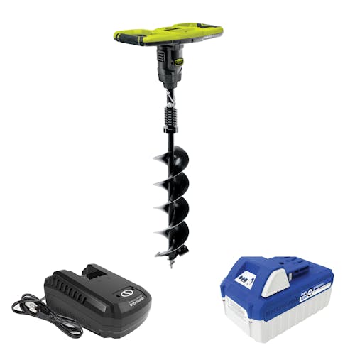 Sun Joe 24-Volt 30-inch Cordless Earth Auger with a 4.0-Ah lithium-ion battery and quick charger.