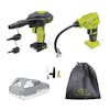Sun Joe 24-Volt Cordless Air Compressor kit with a Cordless High-Volume Inflator, 2.0-Ah lithium-ion battery, nozzle attachments, and storage bag.
