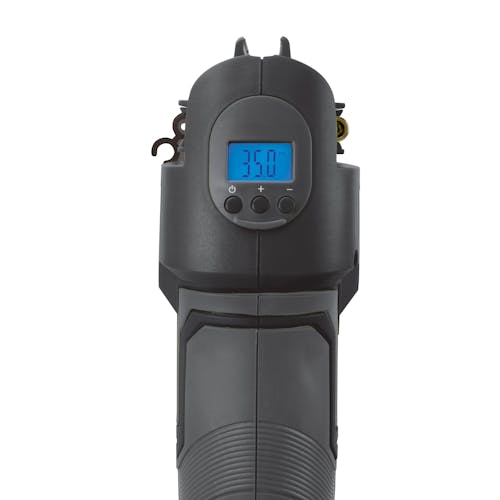 Rear view of the Auto Joe Cordless Portable Black Air Compressor showing the digital gauge screen.
