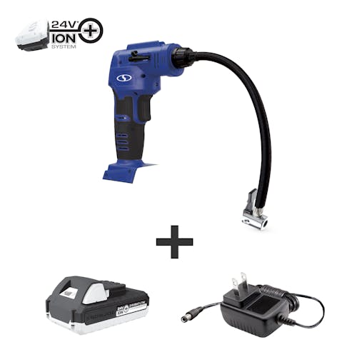 Auto Joe Cordless Portable Blue Air Compressor with a 1.3-Ah battery and charger.