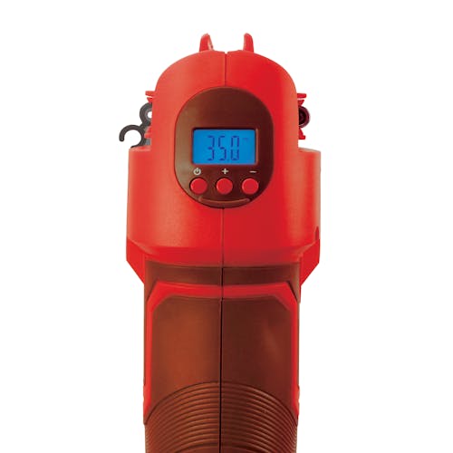 Rear view of the Auto Joe Cordless Portable Red Air Compressor showing the digital gauge screen.