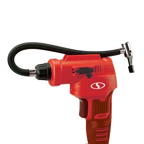 Side view of the Auto Joe Cordless Portable Red Air Compressor.