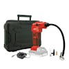 Auto Joe Cordless Portable Red Air Compressor with a storage case, battery, charger, and attachments.