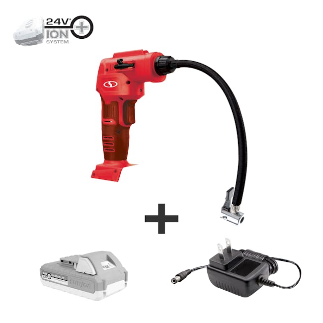 Auto Joe Cordless Portable Red Air Compressor with a 2.0-Ah battery and charger.