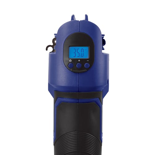 Rear view of the Auto Joe Cordless Portable Blue Air Compressor showing the digital gauge screen.