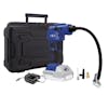 Auto Joe Cordless Portable Blue Air Compressor with a storage case, battery, charger, and attachments.
