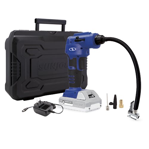 Auto Joe Cordless Portable Blue Air Compressor with a storage case, battery, charger, and attachments.