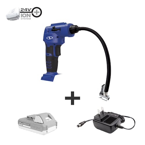 Auto Joe Cordless Portable Blue Air Compressor with a 2.0-Ah battery and charger.
