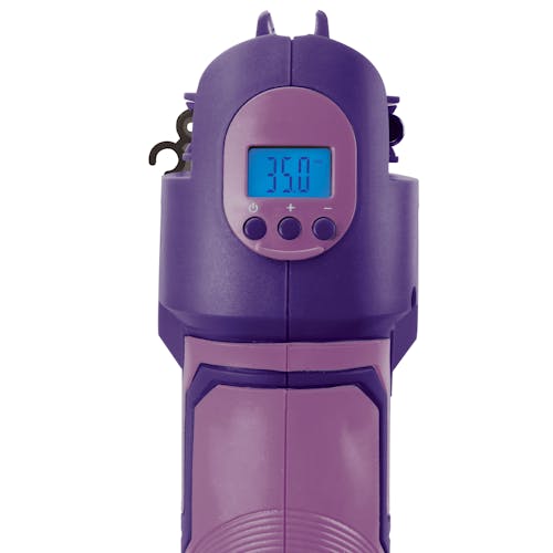 Rear view of the Auto Joe Cordless Portable Purple Air Compressor showing the digital gauge screen.