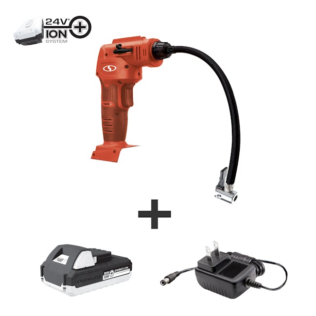 Auto Joe Cordless Portable Red Air Compressor with a 1.3-Ah battery and charger.