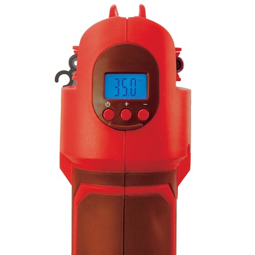 Rear view of the Auto Joe Cordless Portable Red Air Compressor showing the digital gauge screen.