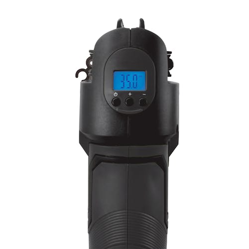 Digital gauge on the back of the Sun Joe 24-Volt Cordless Portable Air Compressor in black.