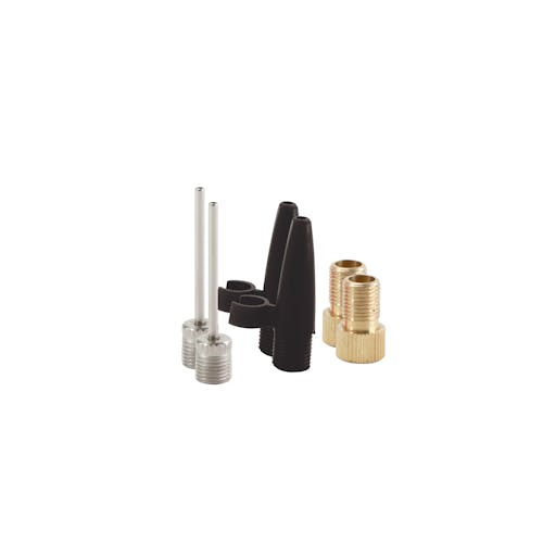 6 Nozzle attachments: presta valve adapters, tapered adapters, and sport ball needles.