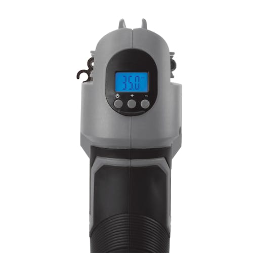 Digital gauge on the back of the Sun Joe 24-Volt Cordless Portable Air Compressor in gray.