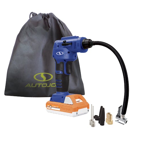 Sun Joe 24-Volt Cordless Portable Air Compressor in blue with a 1.5-Ah lithium-ion Battery, nozzle attachments, and storage bag.