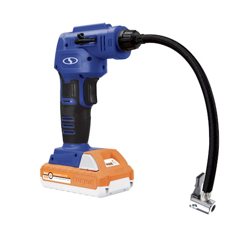 Angled view of the Sun Joe 24-Volt Cordless Portable Air Compressor in blue with a 1.5-Ah lithium-ion Battery attached.